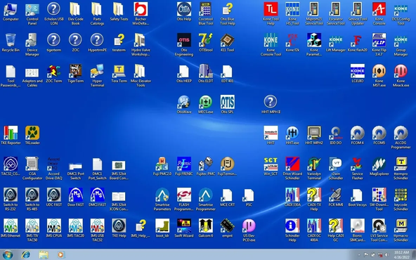Customer-provided Windows desktop screenshot showing shortcuts for elevator service programs
